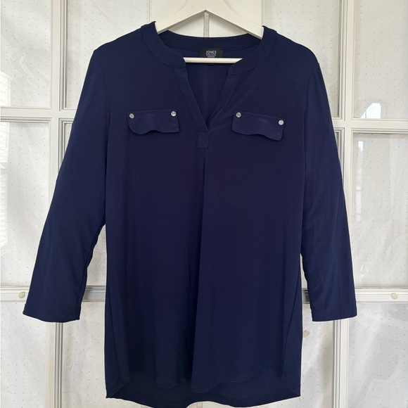 Jones New York | Split V-Neck Women Blouse Button Pockets | M Blue - Picture 3 of 5